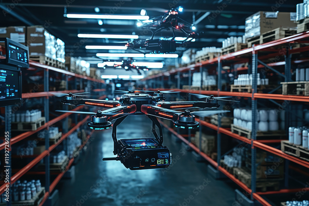 a drone flying in a warehouse