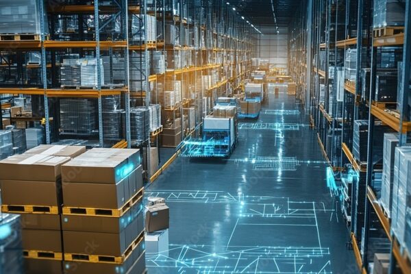 a warehouse with boxes which is managed by AI