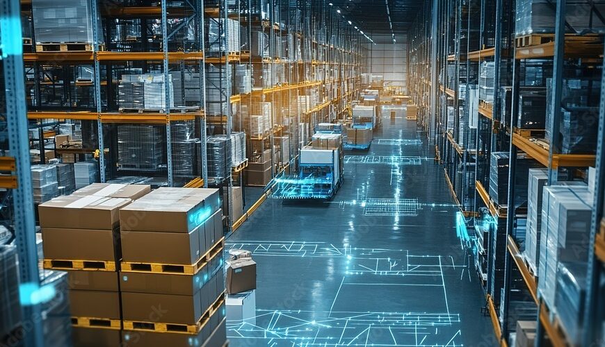 a warehouse with boxes which is managed by AI