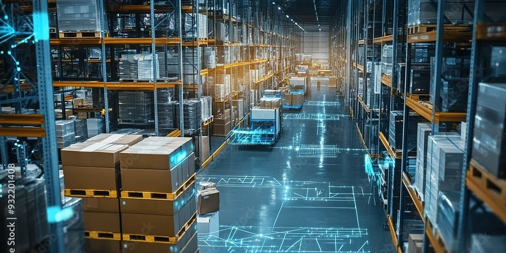 a warehouse with boxes which is managed by AI