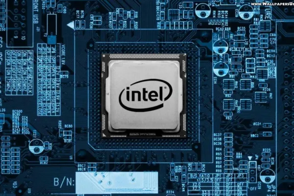 A close up of a intel chip mounted on motherboard