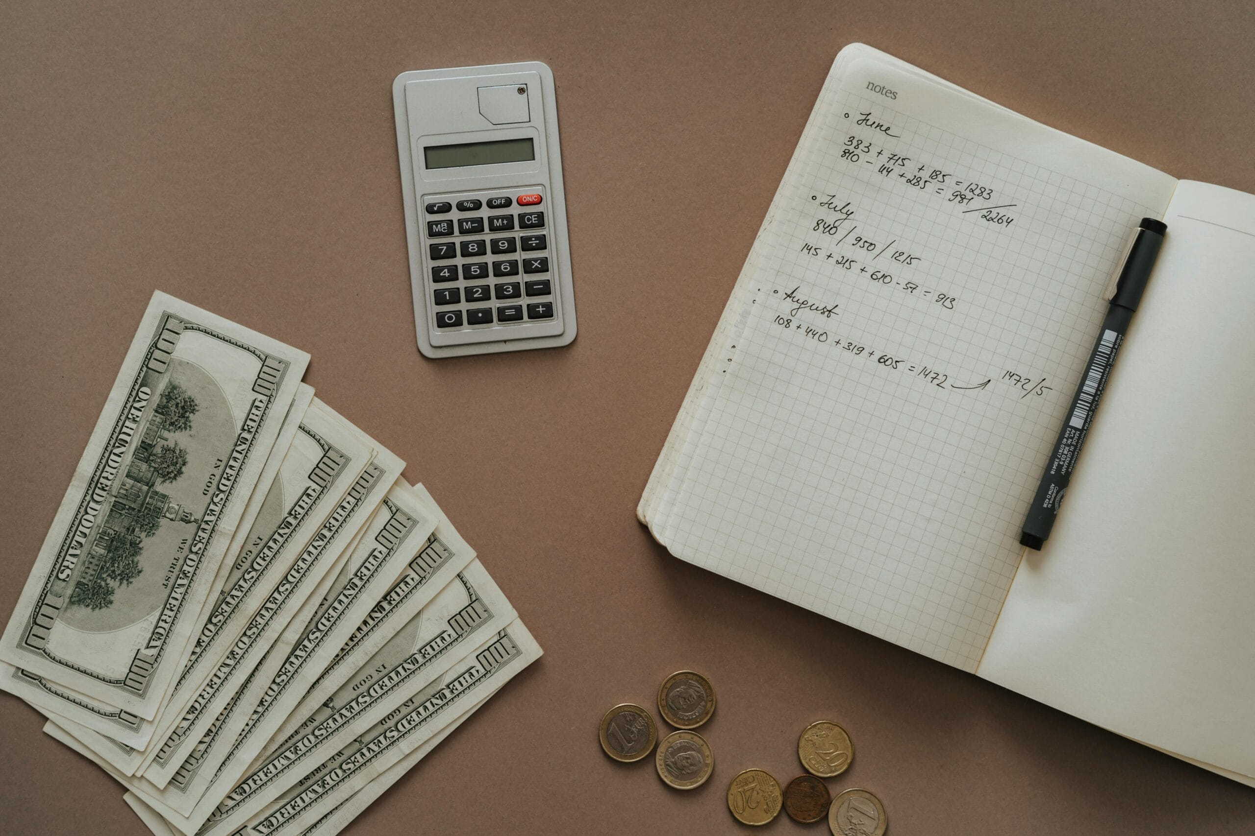 Calculator, Notebook, Cash, Coins image