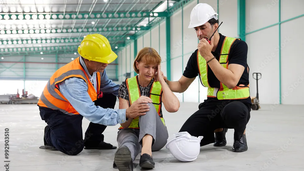 a group of people in safety vests and vests holding a woman's head after alarm from fall detection